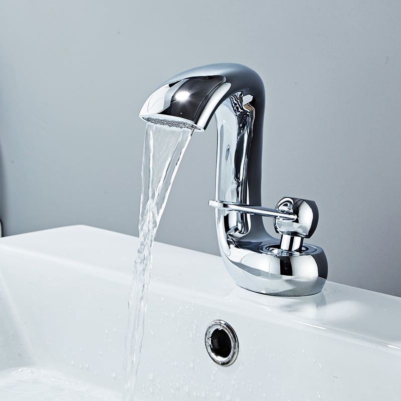 SOKNARKU Bathroom Sink Basin Waterfall Faucet Brass Deck Mount Single Hole Single Handle Cold And Hot Mixed Modern Creative Design Tap Including Two US Standard 3/8 Hoses Polished Chrome