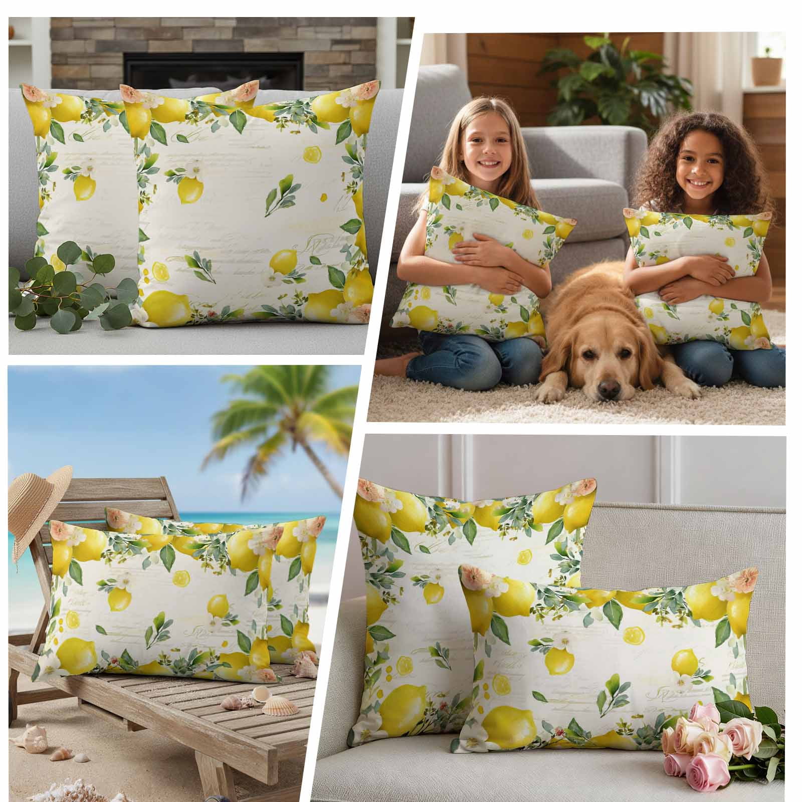Vintage Lemon Outdoor Waterproof Pillow Covers, Summer Fruit Rustic Botanical Floral Decorative Square Throw Pillowcase Sofa Cushion Sham for Patio/Couch/Chair, 16"x16" 2 Pack