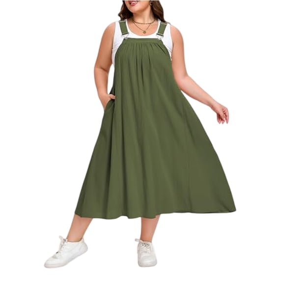 LWavelet Women's Plus Size Overall Maxi Dress Adjustable Straps Pockets Casual Loose Fit Dress Army Green 3XL
