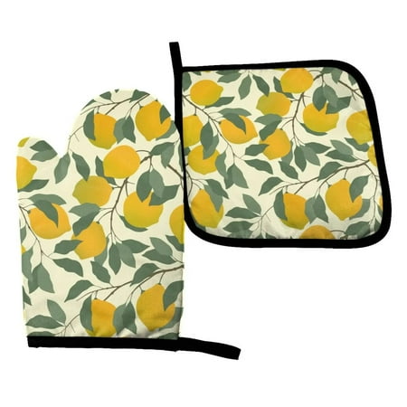 

Yellow Lemon Fruit Oven Mitts and Pot Holder Set Blue Resistant Hot Pad Non-Slip Baking Gloves Kitch Mitt for Grilling Cooking