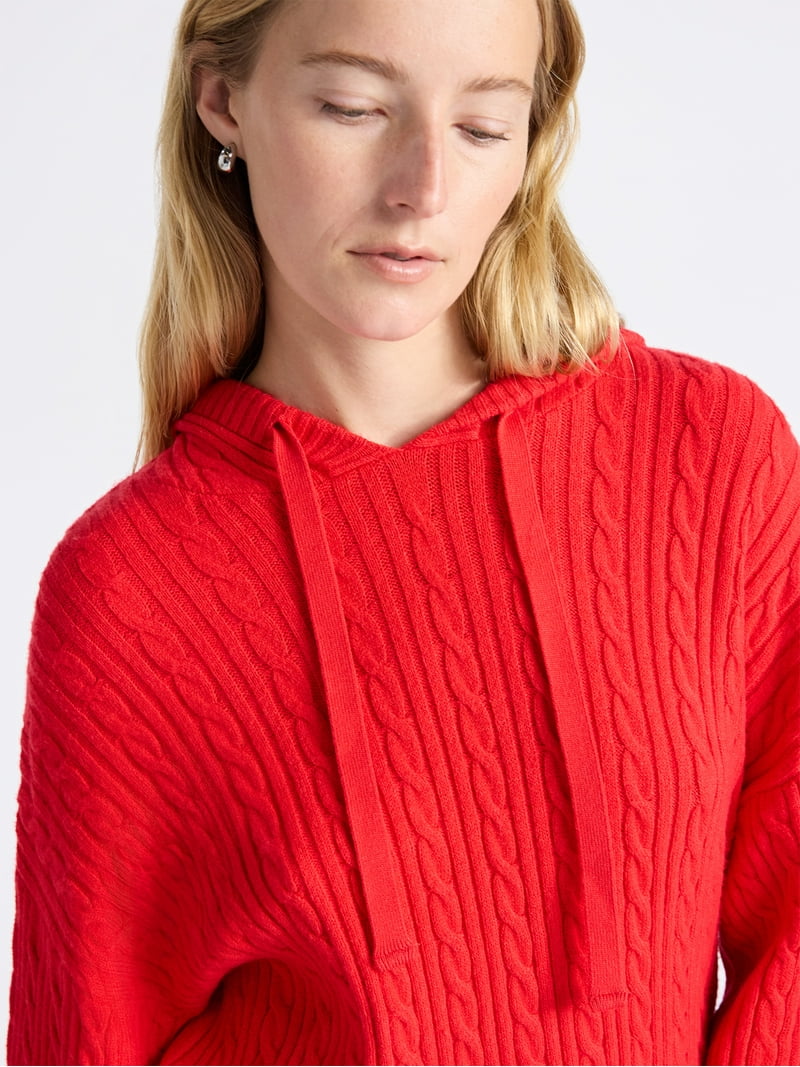 Free Assembly Women's Cozy Yarn Cable Knit Hoodie Sweater