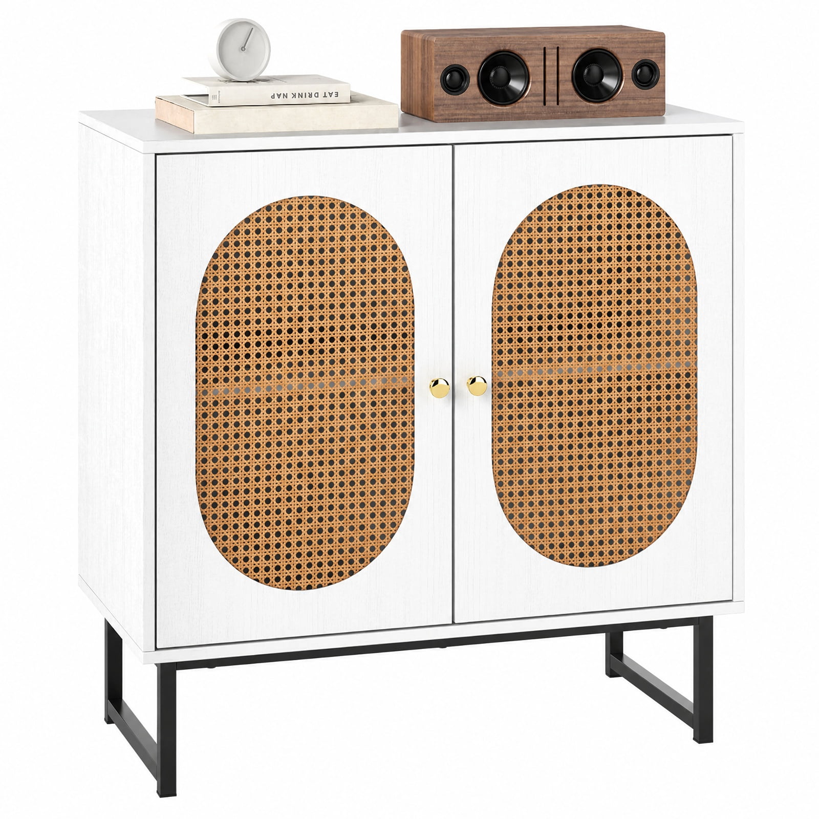 Furnibear Buffet Cabinet Rattan Storage Cabinet with 2 Doors and Adjustable Shelf for Kitchen Dining Living Room Buffet Storage Server, White