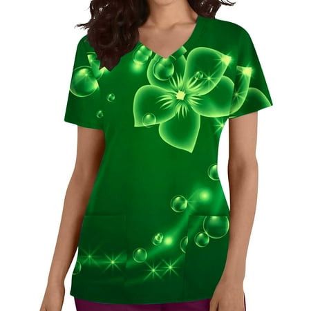 

KIJBLAE St.Patrick s Day Shirts for Women Clover Print Tops Crewneck T-shirt Short Sleeve Tees Tunic Scrub Pocket Blouses Working Uniform Clothes for Girls Green XL Rollbacks