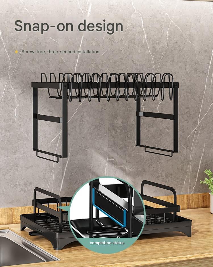 Dish Drying Rack - Stainless Steel Dish Rack for Kitchen Counter, 2-Tier Kitchen Organizers and Storage Rack with Drainboard and Cutlery Holder, Large, Black