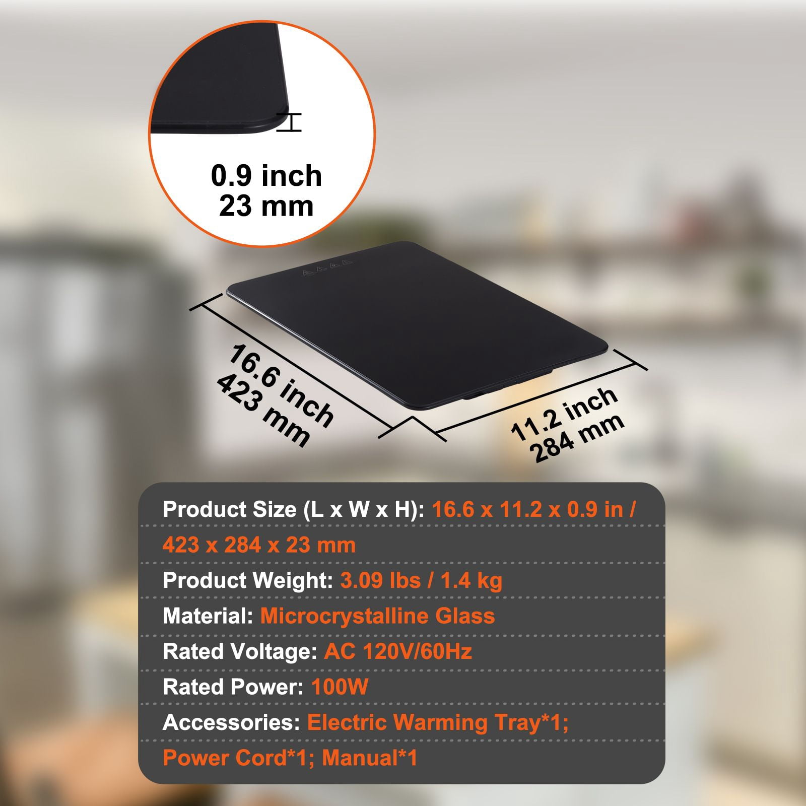 Electric Warming Tray Tempered Glass 16.5x11 Inch 65-90°C for Food Warming Defrosting Milk Tea