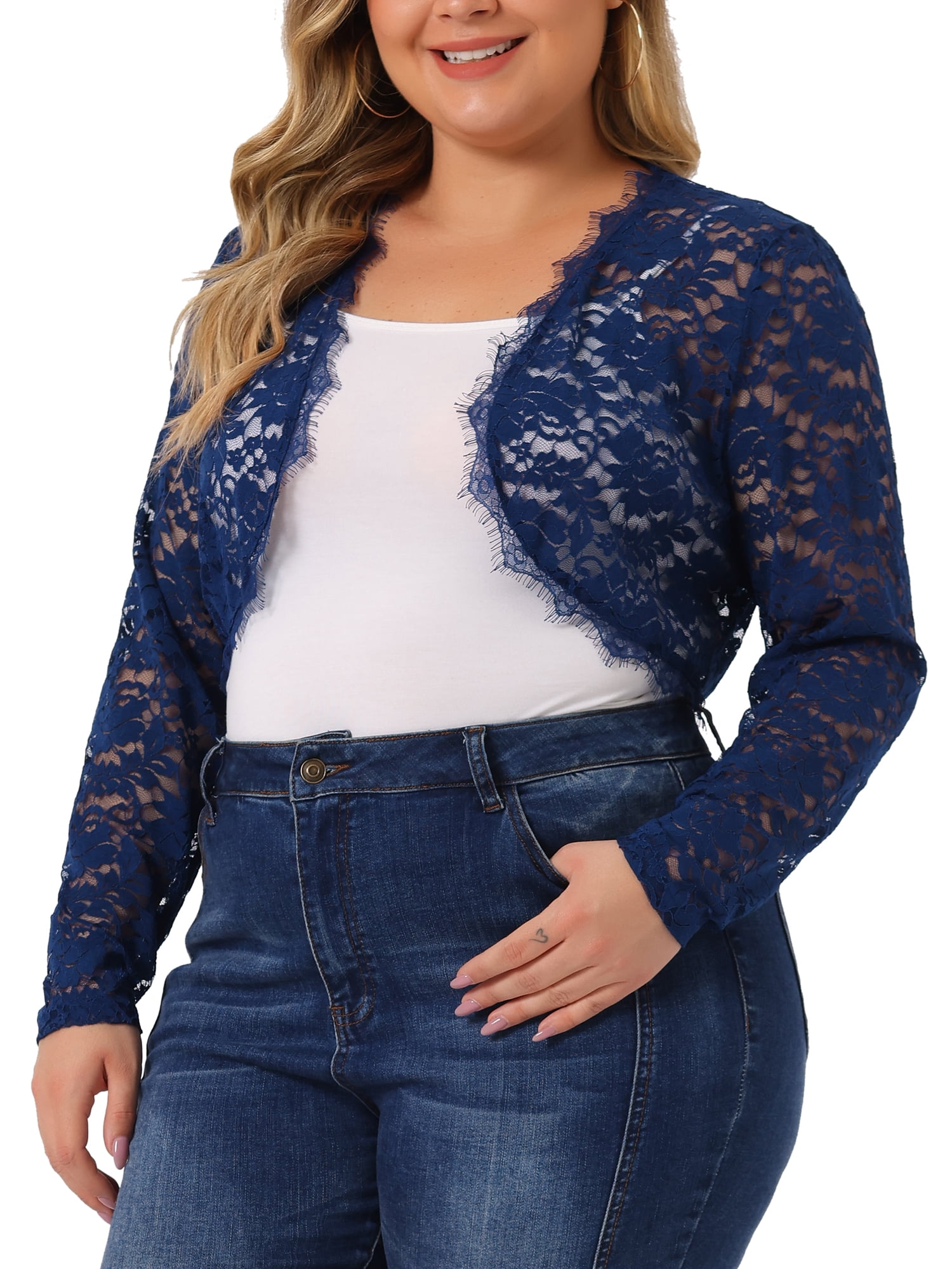 Unique Bargains Women's Plus Size Sheer Long Sleeve Open Front Cardigan Lace Shrug
