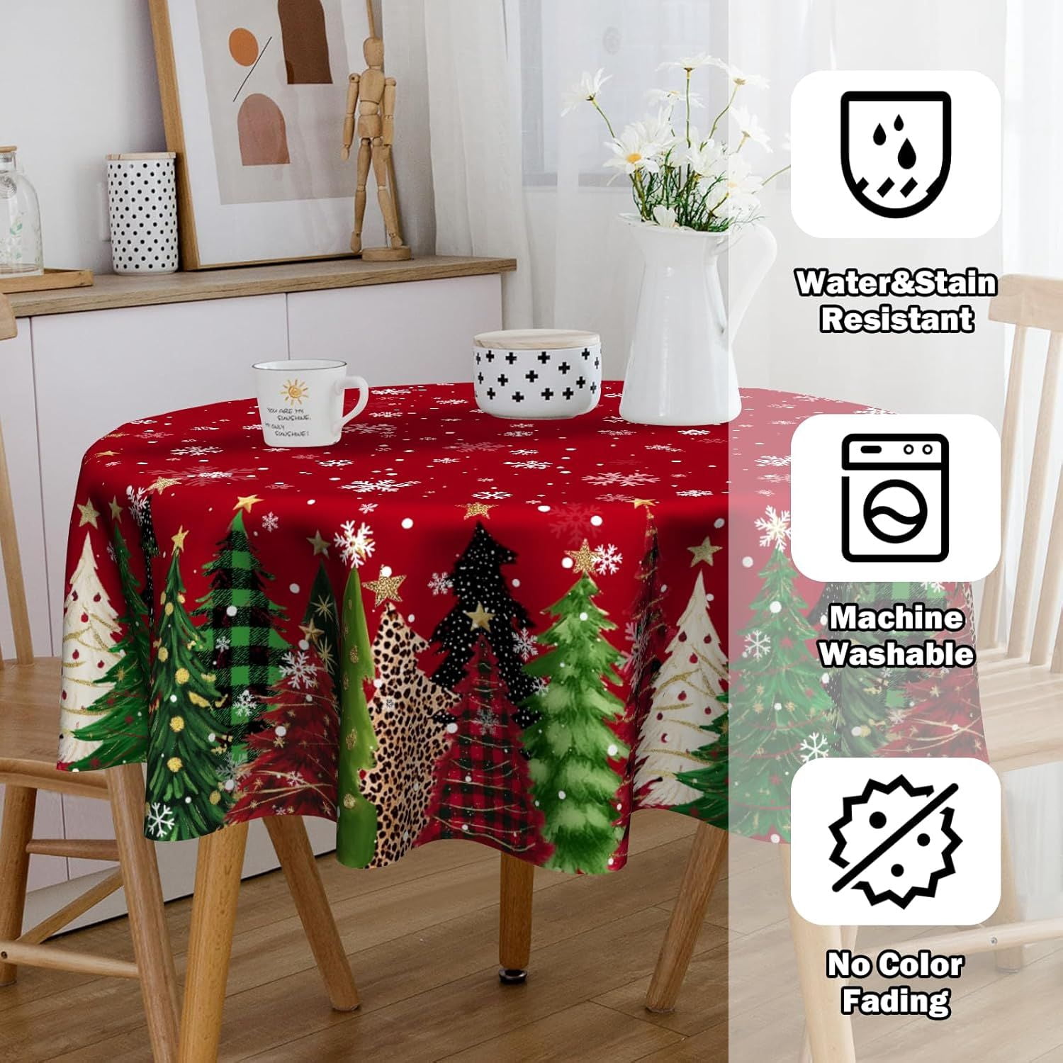 Christmas Round Tablecloth 60 inch Christmas Nativity Table Cloth Xmas Tree Table Cloths Decorations for Home Kitchen Dining Red Buffalo Plaid