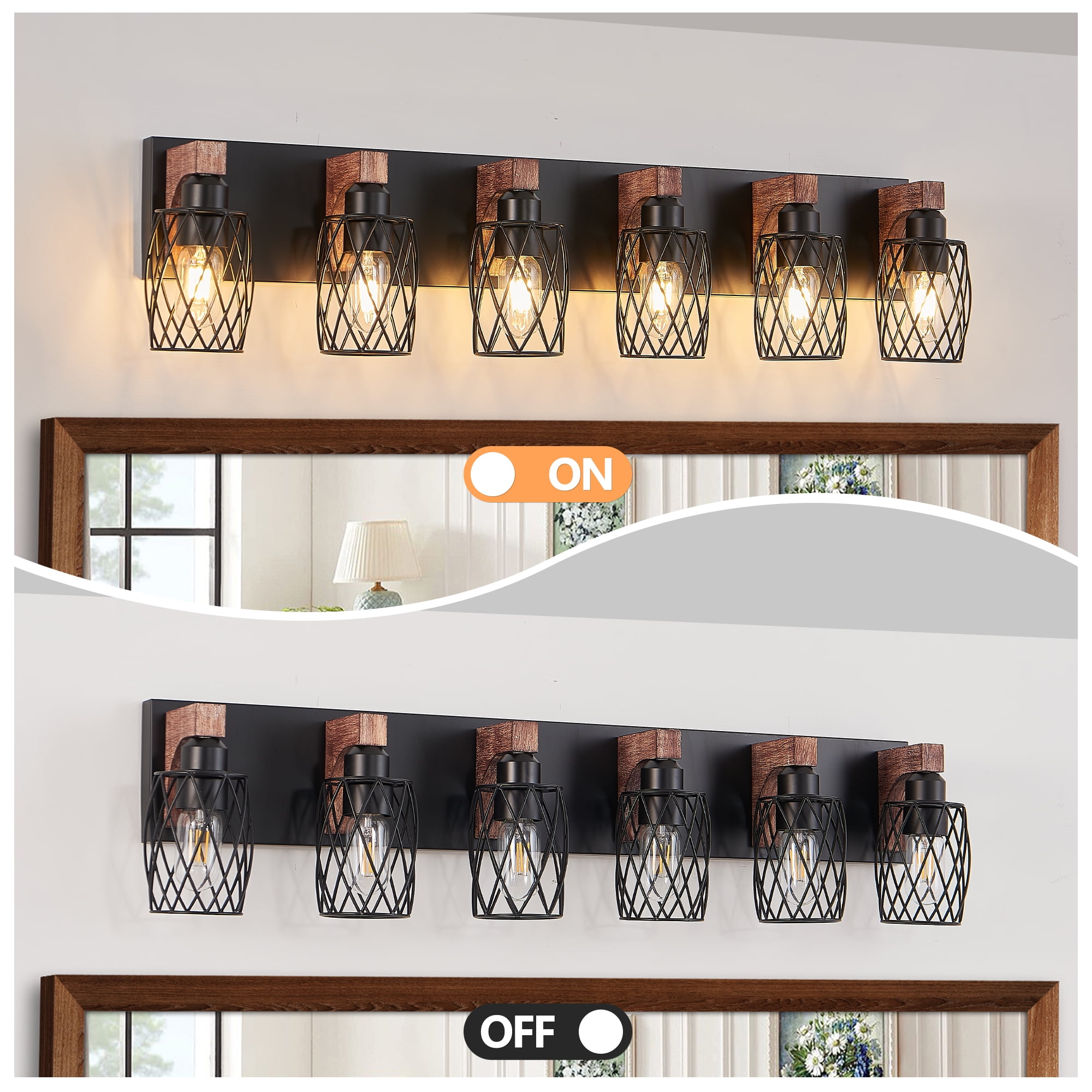 Farmhouse Bathroom Bathroom Vanity Light , 6 Light with Metal and Glass Lampshade, Wood Rustic Lighting Fixtures Over Mirror（37.6inch）