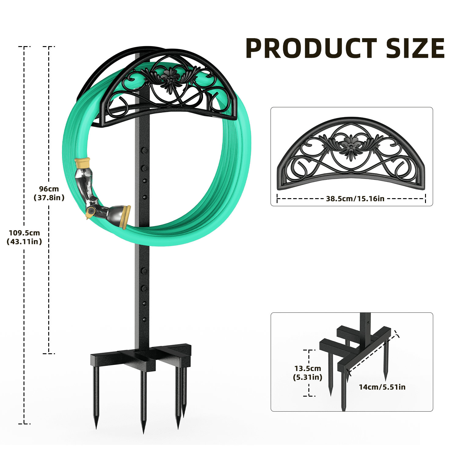 Garden Hose Holder Holds 150 ft Hose, Freestanding Heavy Duty Detachable hose reel for Yard & Farm (Black)