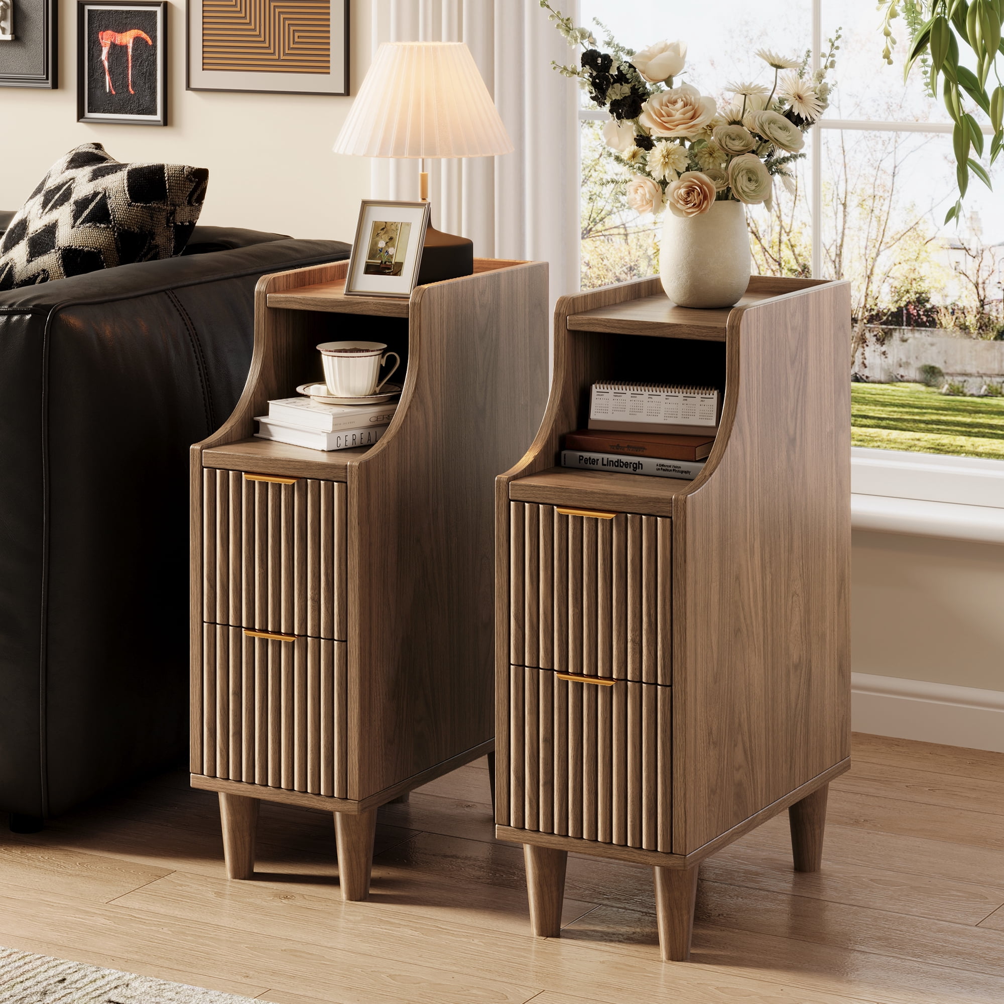 UGTOO Set of 2 Nightstands with 2 Drawers and Open Shelf, Mid-Century Modern Slim End Side Table for Bedroom and Living Room, Walnut Finish with Gold Accents
