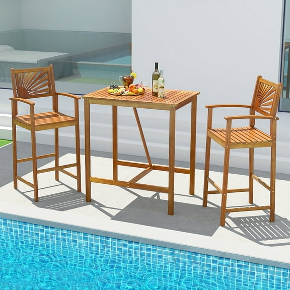 Gymax 3 PCS Outdoor Acacia Wood Bar Set w/ Slatted Seat & Tabletop