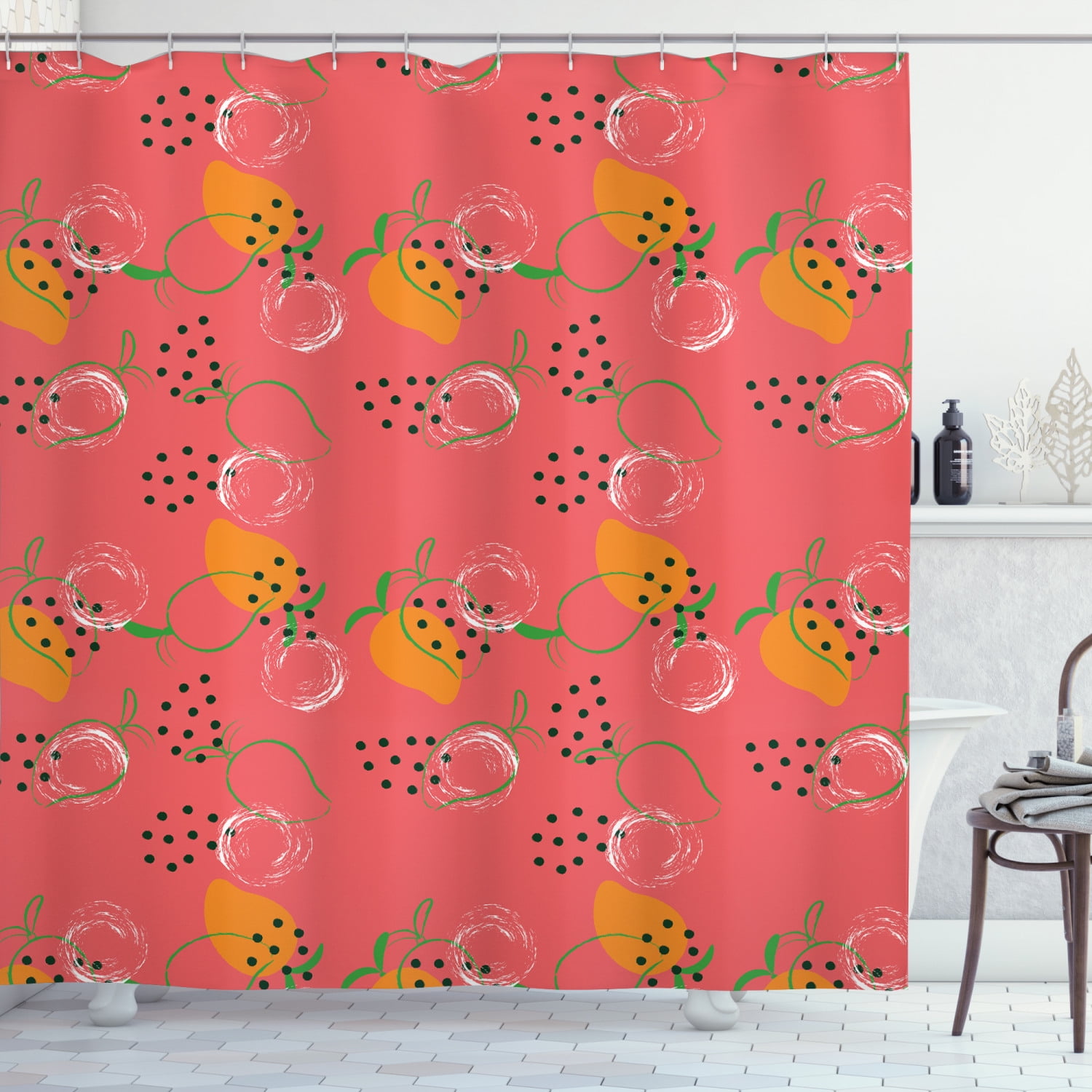 72x72" Tropical Fruit Mango Orange Fabric Bathroom Shower Curtain Set w/ Hooks 