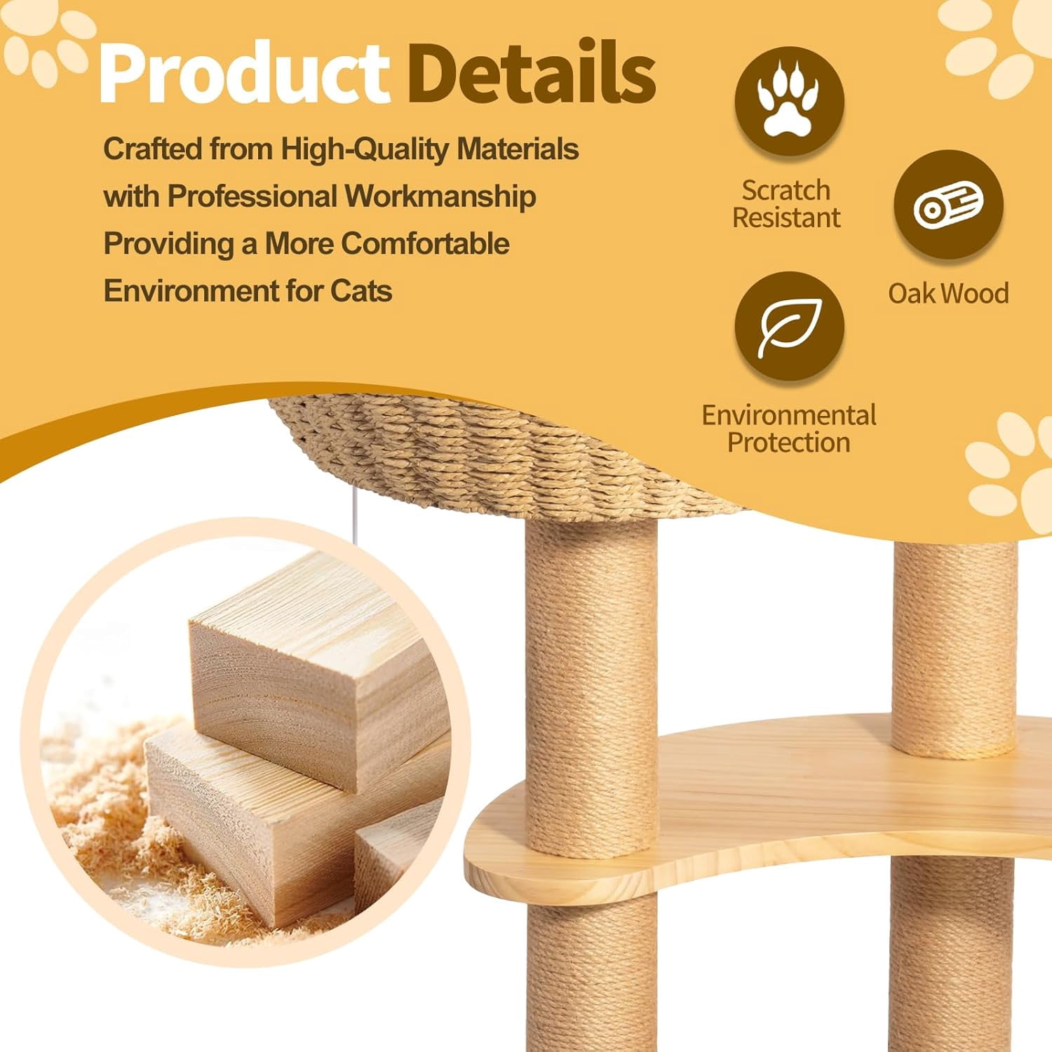 SHZOND Multi-Level Cat Tree Tower, 52" Oak Wood Cat Tree for Large Cats with 3 Weaving Cat Nests, Morden Cat Condo with 8 Scratching Posts for Indoor Cats, Cats Furniture Activity Center