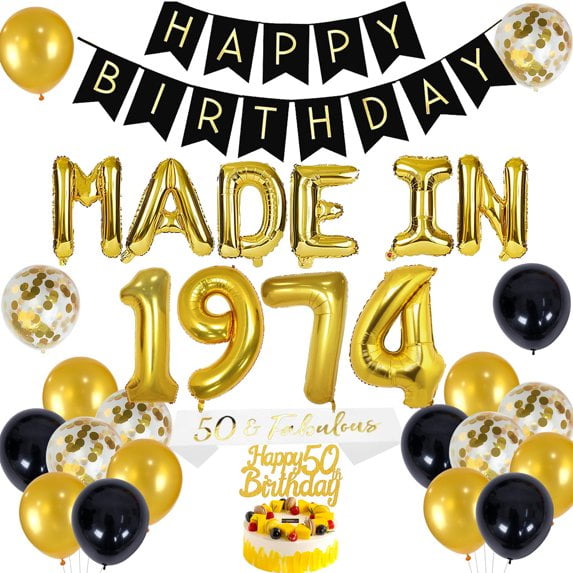50th Birthday Decorations for Women and Men Black Gold MADE IN 1974 Foil Balloon Banner, Birthday Party Decorations Happy Birthday Banner, Cake Topper, Sash, and Balloons Set for Fifty Year Old Party
