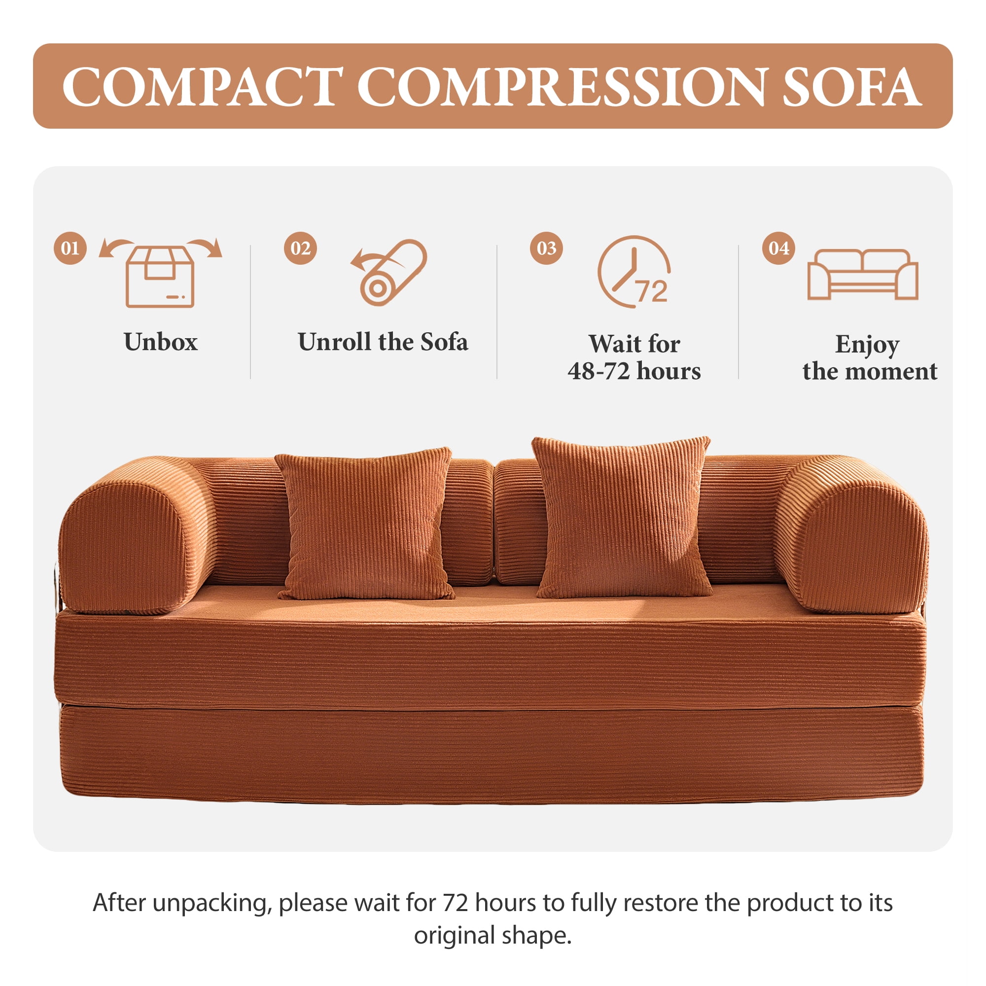 COOLHUT 78.7" W Combination Sofa, High Rebound Density Foam Sofa Couch, Two Forms Floor Couch Three Seats Sofa Bed for Living Room, Bedroom, Pumpkin Brown