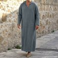 thumbnail image 3 of Mens Kaftan Thobe Long Sleeve Loose Casual V Neck Hooded Linen Robe Long Gown with Pockets Arabic Robe, 3 of 5