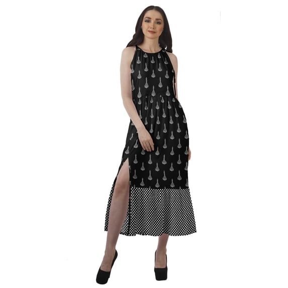 Moomaya Printed Dress Women Party Wedding Partywear Halter Neck Rayon Maxi Dress