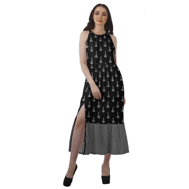 Moomaya Robe Longue Maxi de Fête pour Femmes en Rayonne Imprimée à Encolure Licou avec Fente avant