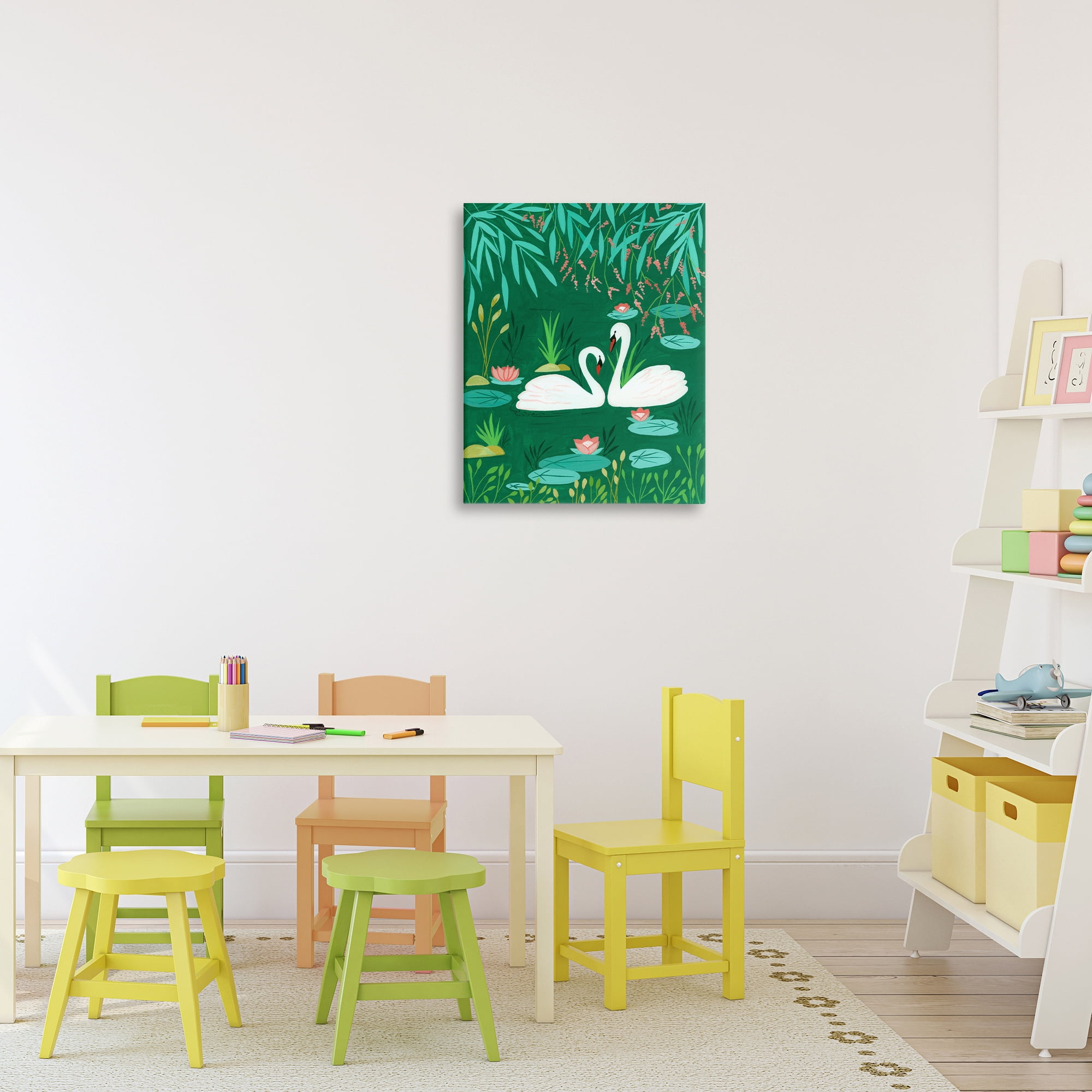 Swan Pair on Green Pond Canvas Wall Art, design by Nabeela Rumi