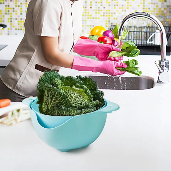 Cesta de drenaje giratoria, cesta de doble capa, lavadora de verduras, frutas y arroz, diseño de 2 niveles, plástico resistente, apta para cocina y lavandería, plegable, portátil, ideal para