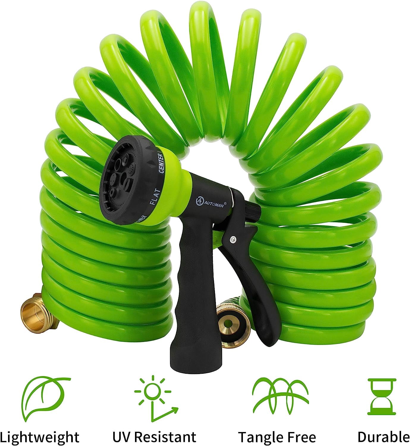 AUTOMAN EVA Recoil Garden Hose 25ft - Includes 7 Pattern Spray Nozzle, Corrosion Resistant Garden Coil Hose. Green