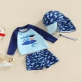 thumbnail image 3 of Kid Boy Swimsuit  Cartoon Striped Shark Print Summer Beach Long Sleeve Tops + Shorts + Hat, 3 of 7