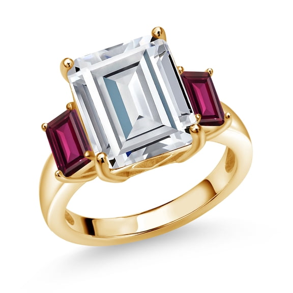 Gem Stone King 18K Yellow Gold Plated Silver Red Rhodolite Garnet Ring Set with Moissanite (8.84 Cttw) (Size 6)