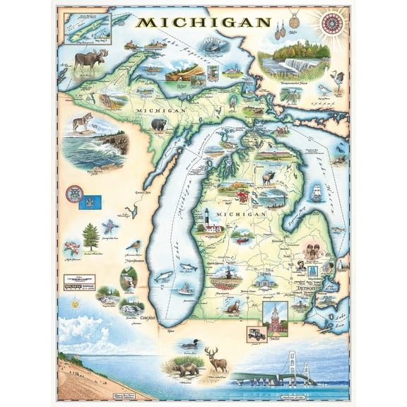 Michigan State Hand-Drawn Map Poster 18x24", Vintage-Style Wall Art, Lithographic Print with Soy-Based Inks, Gift for History Buffs, Travelers, Teachers, Made in USA