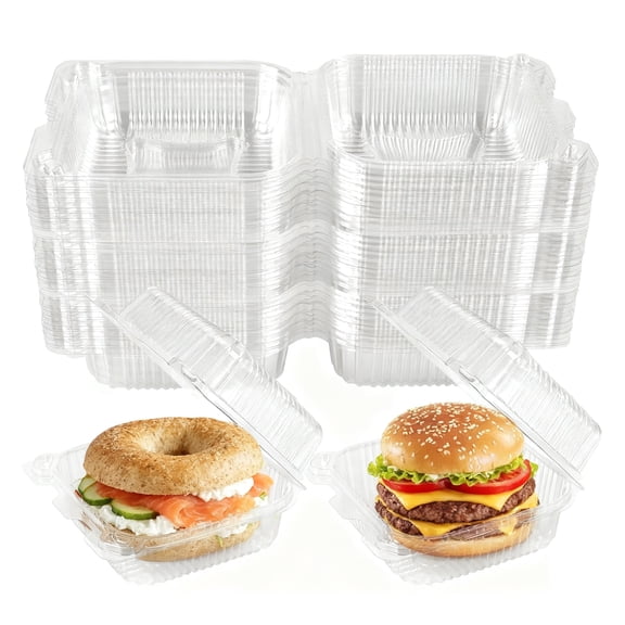 50-Pack 5.8x5.8x2.75 inch Clear Hinged Clamshell Containers with Lids, Thickening Plastic Food Storage for Desserts, Cakes, Salads, Pasta, Sandwiches, Takeout