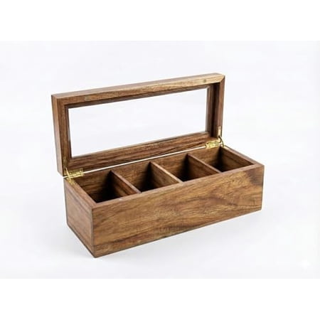 Acacia Wood and Bamboo Tea Bag Organizer - 4 & 8 Compartment Tea Box for Countertop - Tea Station & Coffee Bar Accessories - Fits Large & Craft Tea Bags (Wood, 4 Compartment)