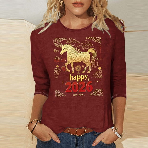 TaTaai Womens New Year Celebration 2026 Print Three Quarter Sleeve Top Round Neck Casual Blouse Holiday Festival Party Wear Gift