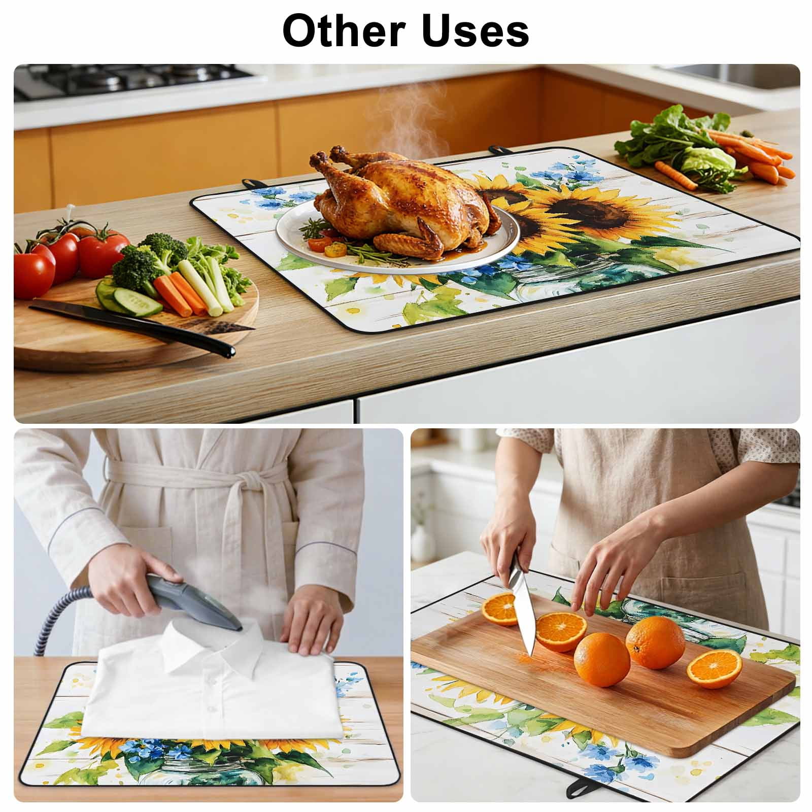 Sunflower Stove Top Cover for Electric Stove, Heat-proof & Non Slip Glass Top Stove Cover Protector, Retro Country Garden Floral Blue Wildflower Kitchen Flat Cooktop Rubber Mat 24x21 Inches