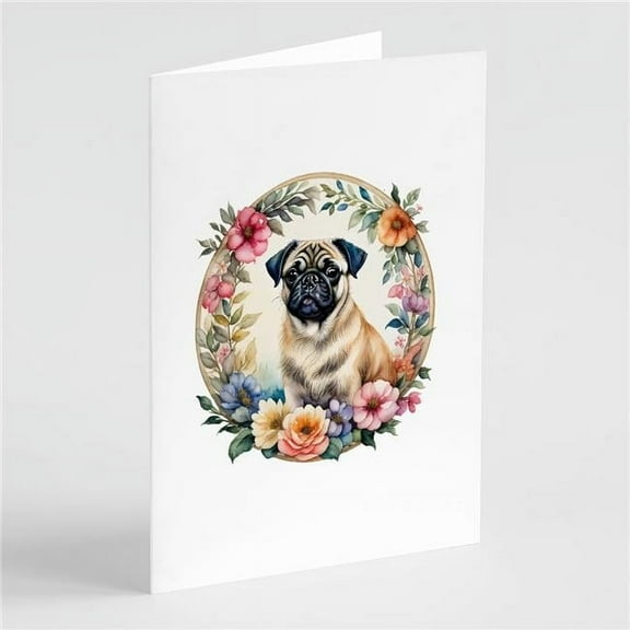Fawn Pug and Flowers Greeting Cards and Envelopes Pack of 8 7 in x 5 in