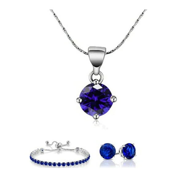 18K White Gold 3 Set Blue Sapphire Round Plated Necklace, Earrings & Tennis Bracelet by Paris Jewelry
