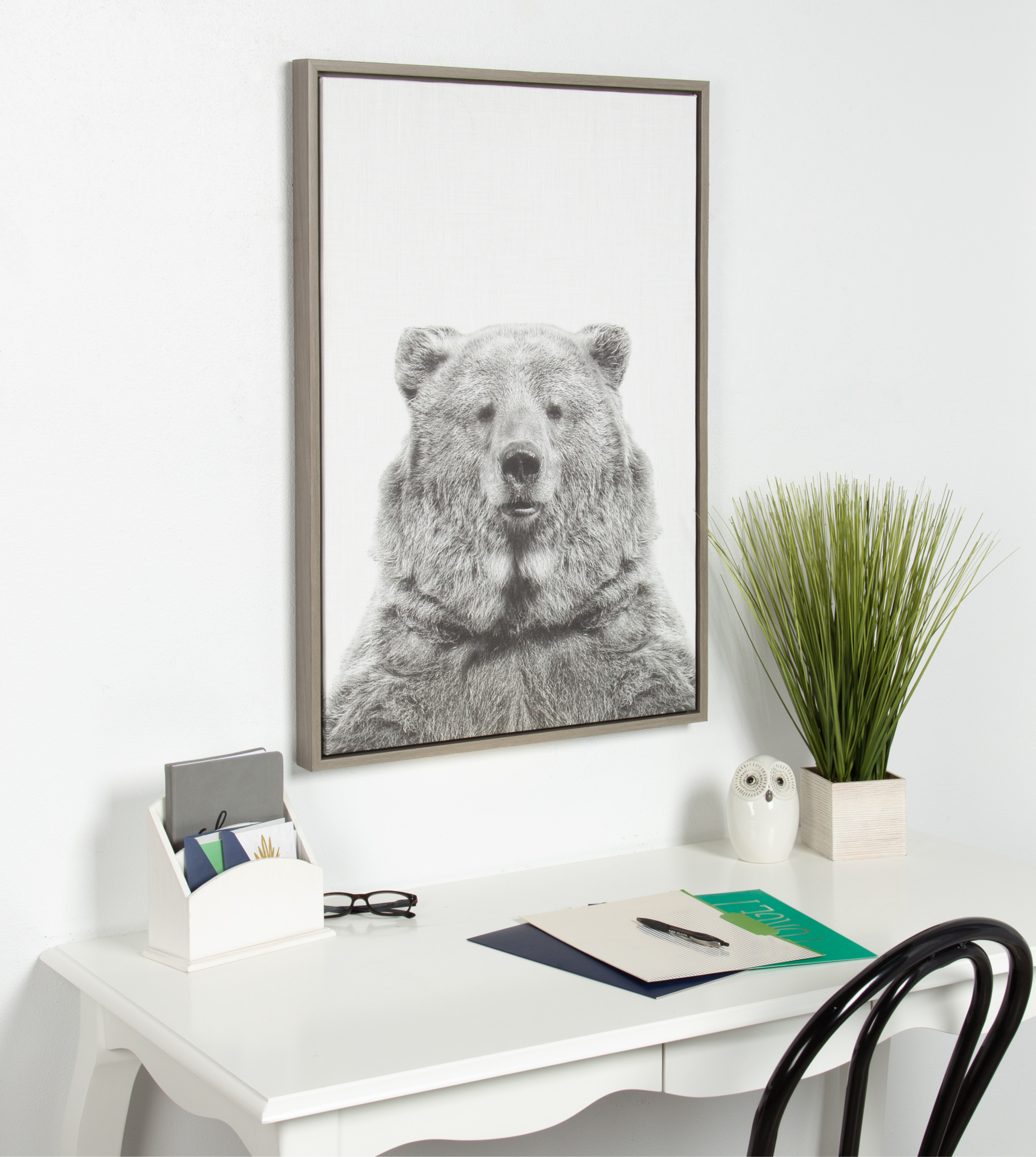 Kate and Laurel Sylvie Bear Animal Print Black and White Portrait Framed Canvas Wall Art by Simon Te Tai, 23x33 Gray