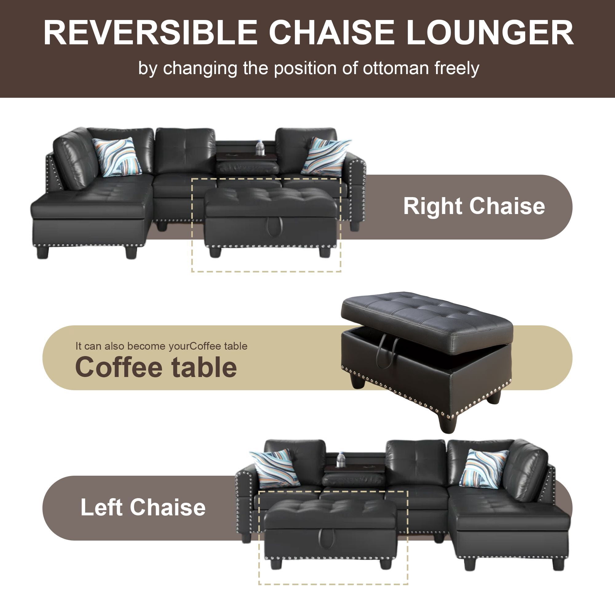 DEALTOPS L-Shaped Sectional Sofa Set with Storage Ottoman - Leather Upholsted Sofa Couch, Nailhead Trim, Black