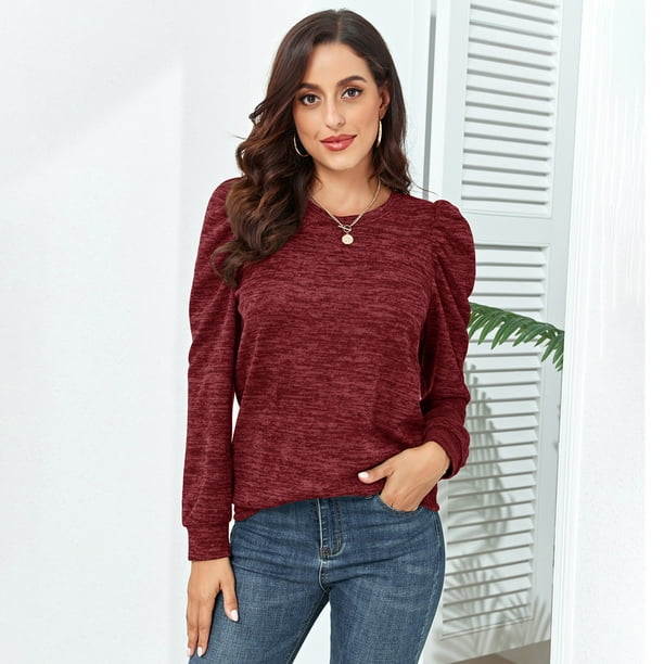 Blusa de manga larga, sudadera de cuello redondo para mujer, sudadera de moda con mangas abullonadas, sudadera de cuello redondo, la mejor en su clase