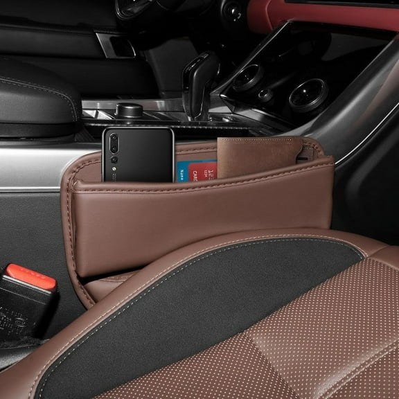 NISHUNA Car Seat Storage Box Car Console Side Car Seat Slot Storage Box Slot Gap Filling Organizer Car Interior Accessories For Phones Glasses Keys Cards Light Brown