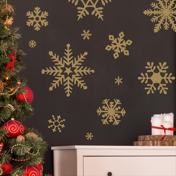 Winter Snowflakes Christmas Decals and Decor Vinyl Lettering Decal Stickers Self Adhesive - XXL Set- Qty 12 - Sizes Range from 5"-16" - Color: Metallic Gold