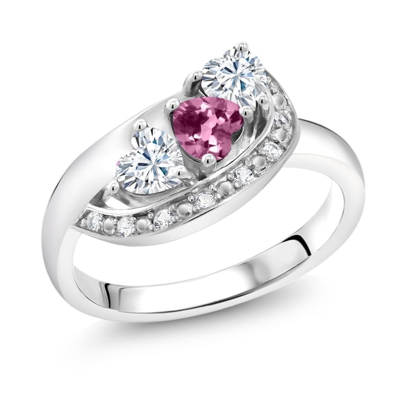 Gem Stone King 925 Sterling Silver Pink Tourmaline and White Moissanite and White Created Sapphire Engagement Ring for Women (0.75 Cttw, Gemstone October Birthstone, Heart Shape 4MM, Size 8)