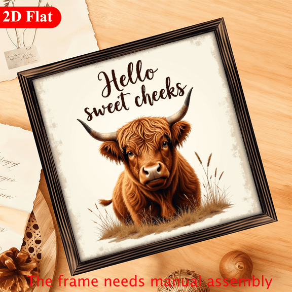 2D Flat, 1Pc Wood Frame Sign Funny Western Highland Cow Sign, Hello Sweet Cheeks, Rustic Farmhouse Animal Wall Art Paintings Ideal Gift For Living Room Bedroom Corridor Wall Decor Room Decoratio
