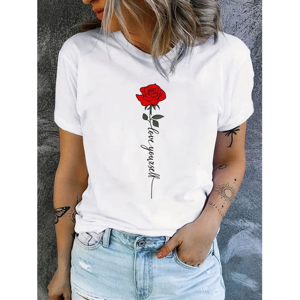 Letter & Rose Print T-Shirt, Crew Neck Short Sleeve T-Shirt, Casual Every Day Tops, Women's Clothing