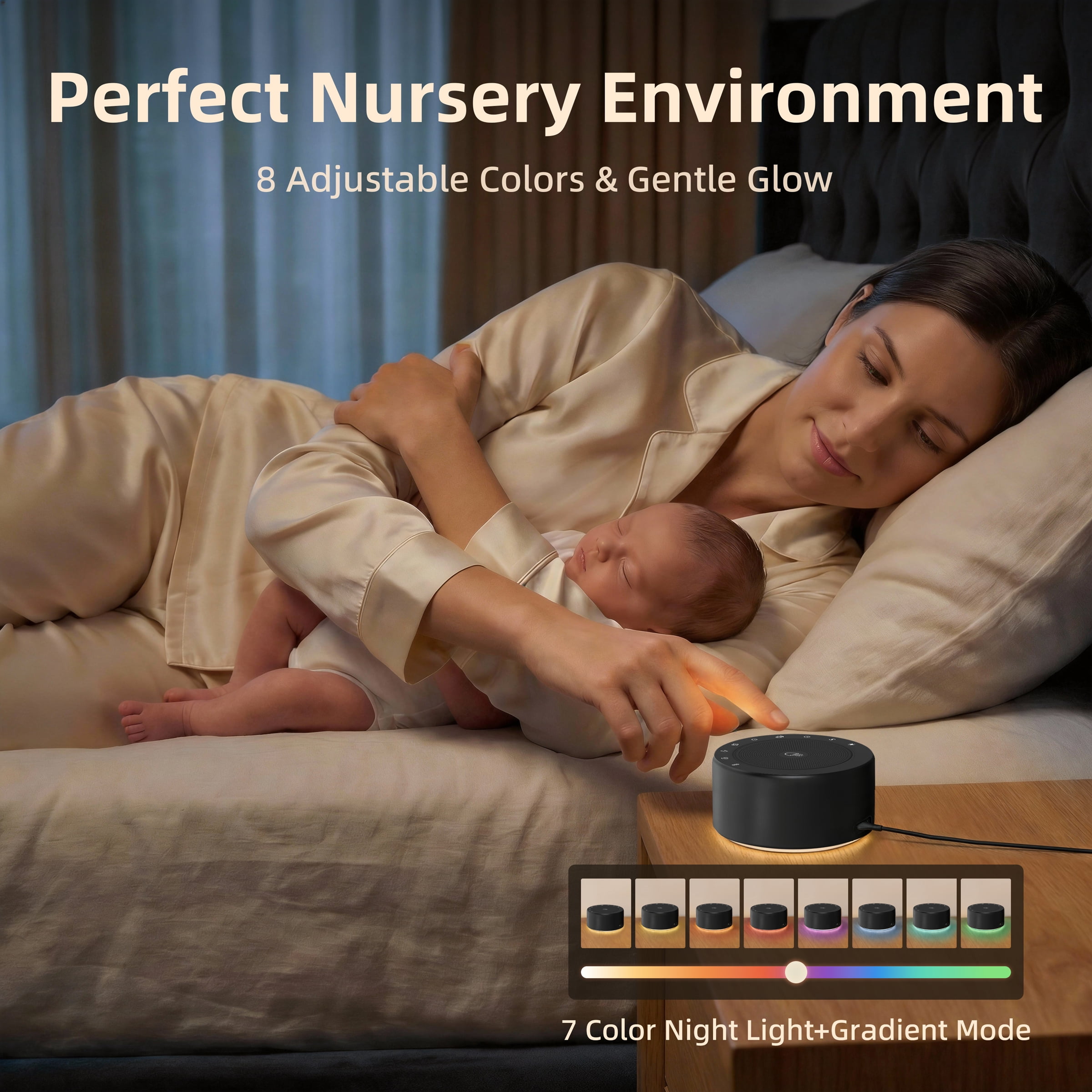 Kipcush White Noise Sound Machine with Night Light, 30 Soothing Sounds for Baby & Adults  Black