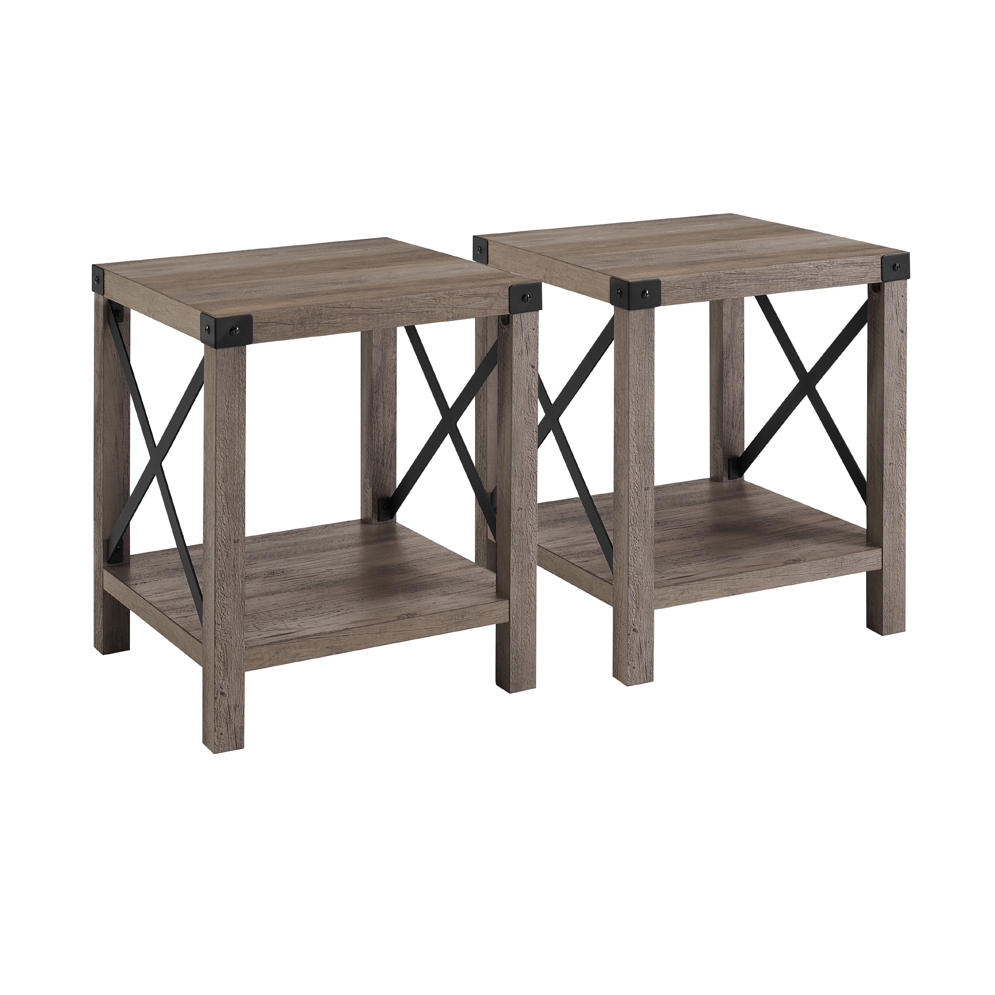 Walker Edison Farmhouse Open Storage Side Table, Set of 2, Grey Wash