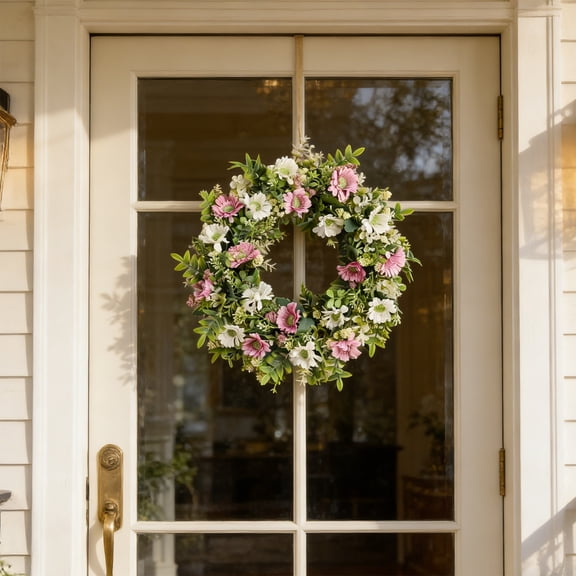 Usloyux Spring Front Door Wreath, 35cm Floral Garland Decorated with Fragrant Flowers Leaves Money Plants, Outdoor Porch Patio Doorway Decoration, Durable Plastic Construction for Seasonal Display