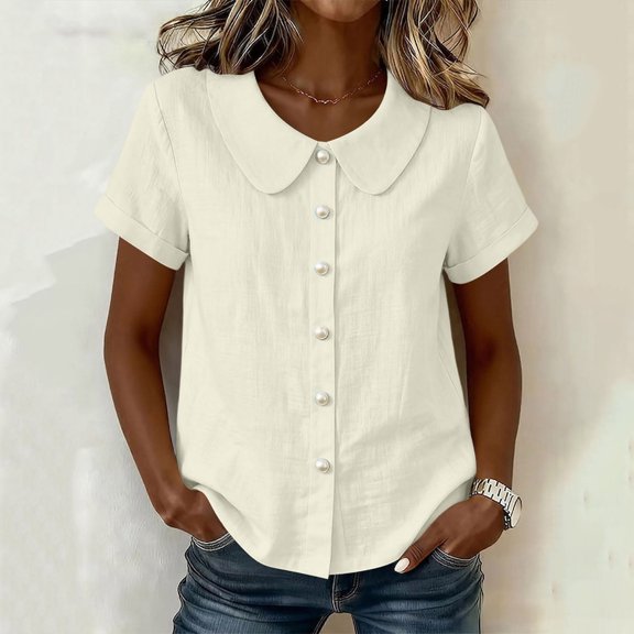 Asgosdo Womens Tops Short Sleeve Button Down Solid Color Loose Fit Blouses Basic Comfy Going Out Shirts