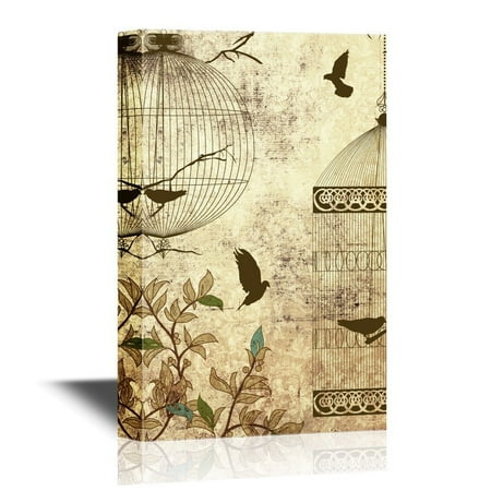 Birdcage Canvas - wall26 Canvas Wall Art - Flying Birds Wih Bird Cages on Vintage Background - Gallery Wrap Modern Home Decor | Ready to Hang - 16x24 inches