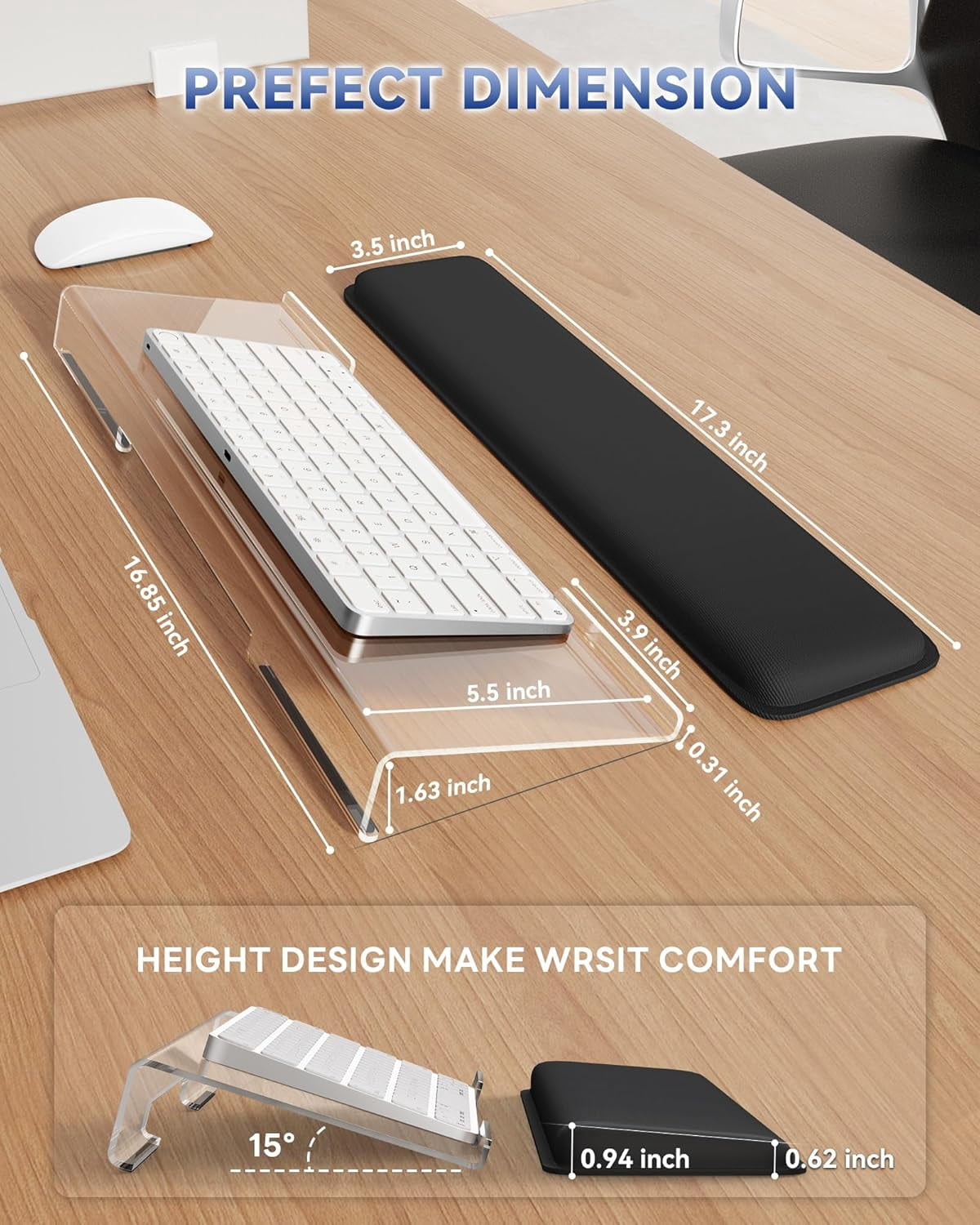 Computer Keyboard Wrist Rest Stand for Desktop, Keyboard Holder for Easy Typing with Wrist Pad for Office Desk, Home, School (Clear)