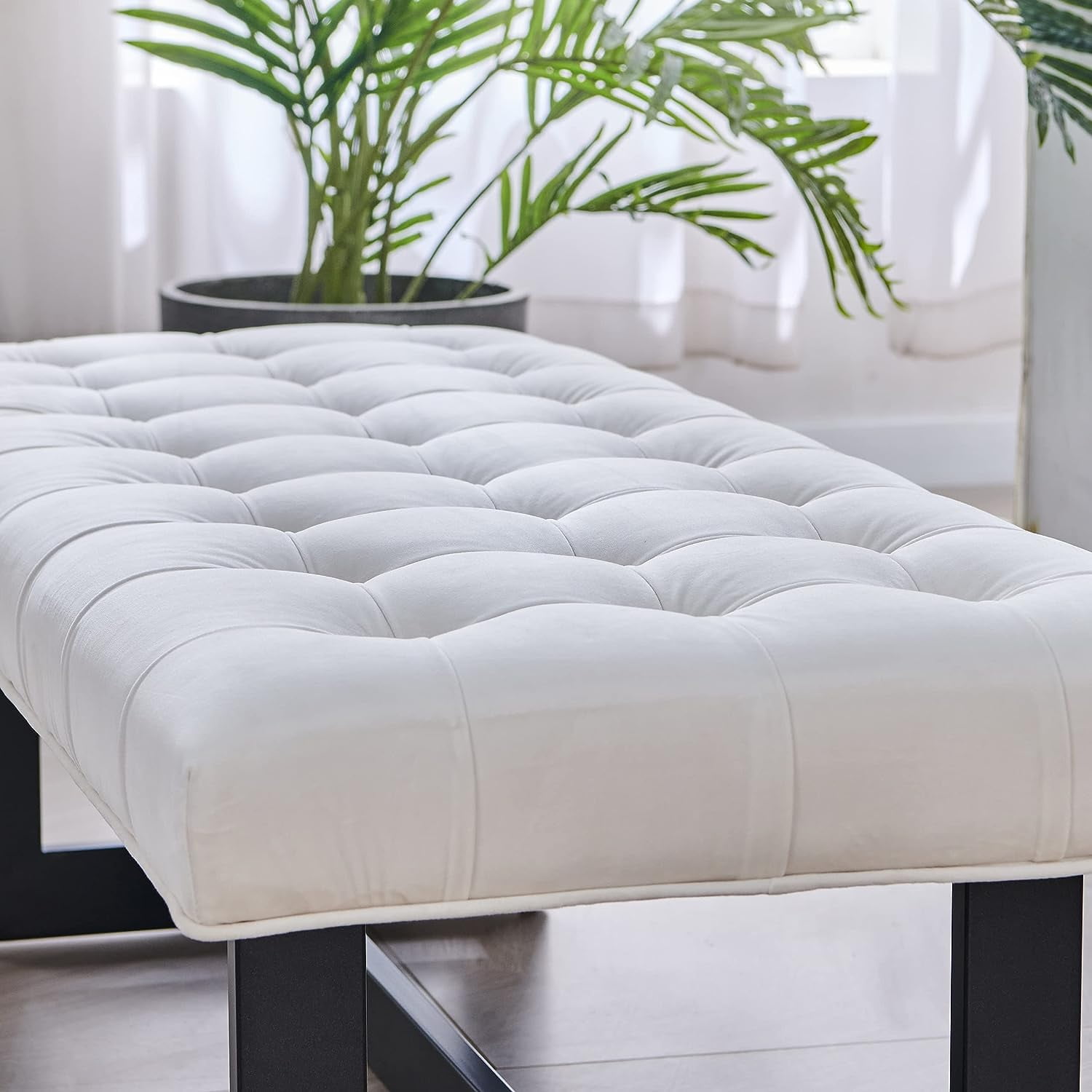 Nathaniel Home 48'' Button-Tufted Kids Ottoman, Upholstered Bedroom Benches, Vegan Leather Footrest Stool Accent Bench, for Living Room End of Bed White