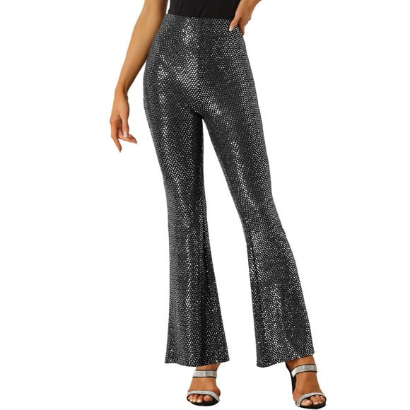 Unique Bargains Sequin Pants for Women's Sparkle Stretch Shiny Glitter Flare Pants Bell Bottoms Silver Black XL